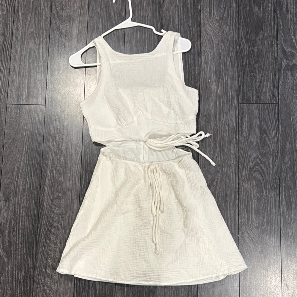 Lelis White Gauze Dress- Ruched Scoop Neck Mini Sundress Medium